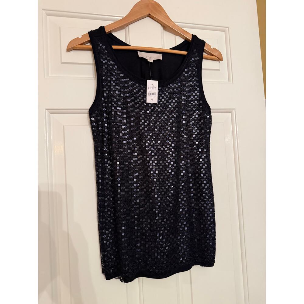NWT Ann Taylor Loft Dressy Black Sequin Tank with Lace Mesh Overlay XS